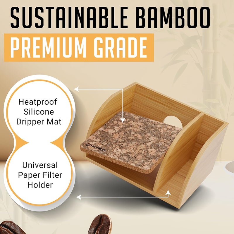 HEXNUB – Caddy and Lid for Pour Over Coffee Maker, Bamboo Stand fits Chemex, Bodum, Cosori Coffee Carafes, Heatproof Mat, Filter Holder for Drip Coffee Maker - Cork Mat - Image 5